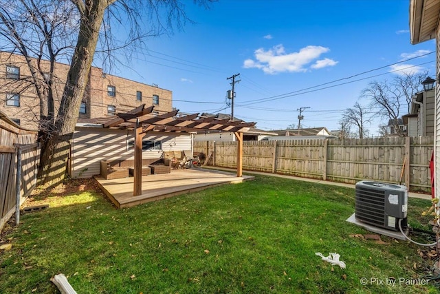 view of yard featuring central air condition unit, a pergola, and a wooden deck