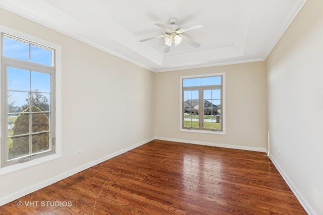 unfurnished room featuring dark hardwood / wood-style floors, a wealth of natural light, crown molding, and a tray ceiling