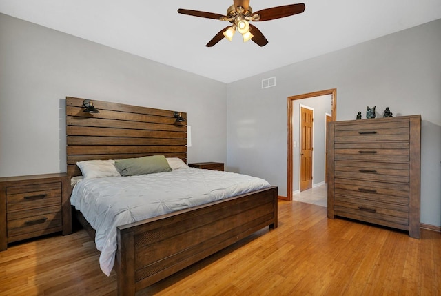 bedroom featuring ceiling fan and light hardwood / wood-style floors