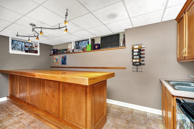 bar featuring electric range, sink, butcher block countertops, a paneled ceiling, and light tile patterned floors