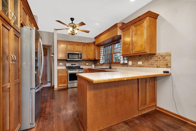 kitchen with kitchen peninsula, sink, dark hardwood / wood-style flooring, and appliances with stainless steel finishes