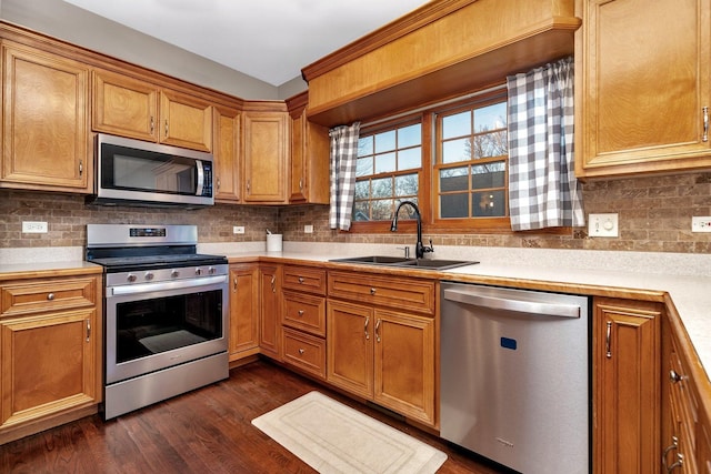 kitchen with decorative backsplash, sink, stainless steel appliances, and dark wood-type flooring