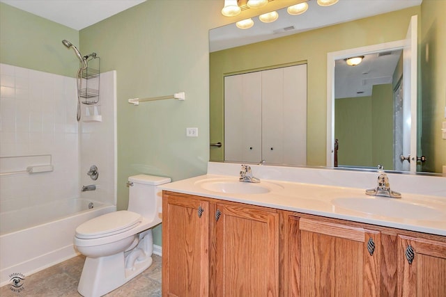 full bathroom featuring shower / tub combination, vanity, and toilet