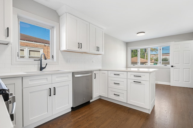 kitchen featuring white cabinetry, sink, dark wood-type flooring, stainless steel dishwasher, and backsplash