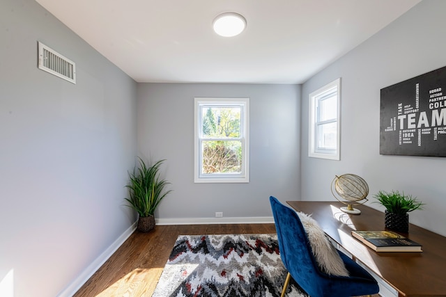 office area with dark hardwood / wood-style floors