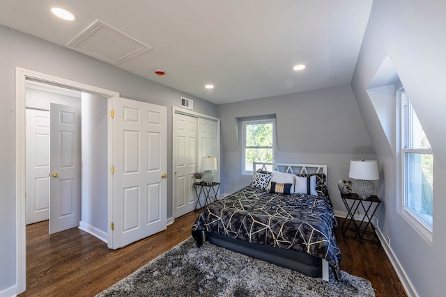 bedroom with lofted ceiling, dark wood-type flooring, and a closet