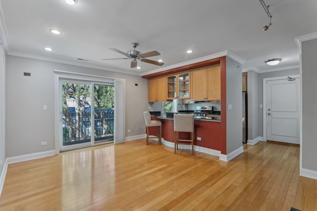 kitchen featuring a kitchen breakfast bar, crown molding, ceiling fan, and light wood-type flooring