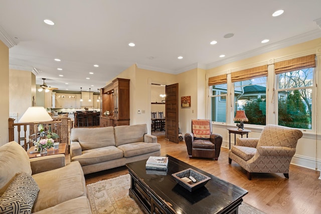 living room featuring ornamental molding and light hardwood / wood-style flooring