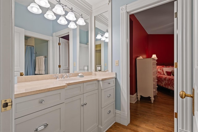 bathroom with hardwood / wood-style flooring and vanity