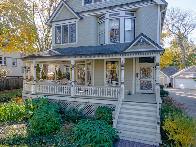 victorian home featuring a garage, an outbuilding, and a porch