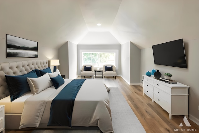 bedroom with light wood-type flooring and vaulted ceiling