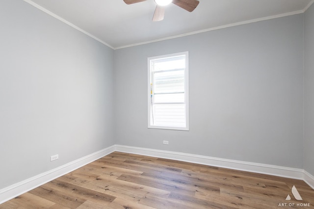 spare room with light hardwood / wood-style floors, ceiling fan, and ornamental molding