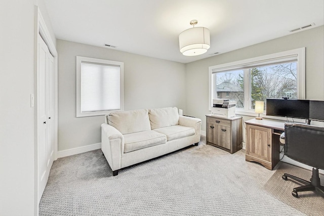 home office with light colored carpet