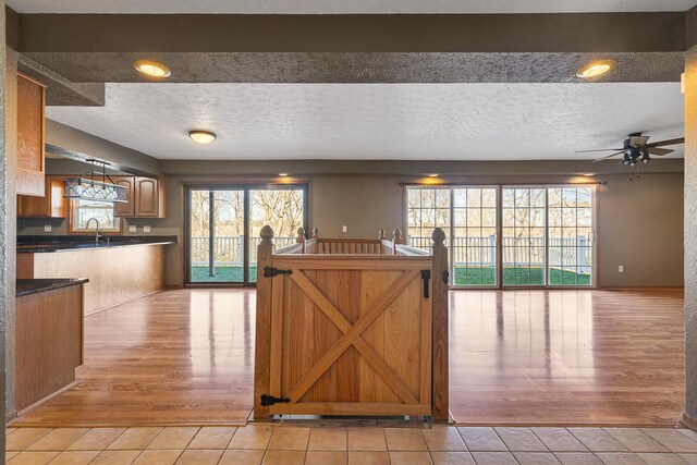 kitchen with ceiling fan, light hardwood / wood-style floors, sink, and a textured ceiling