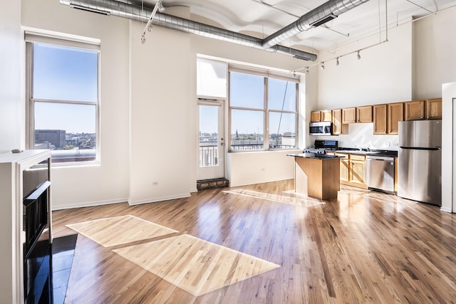 kitchen with light hardwood / wood-style flooring, a kitchen island, a healthy amount of sunlight, and appliances with stainless steel finishes