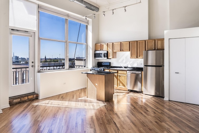 kitchen featuring a center island, light wood-type flooring, stainless steel appliances, and a towering ceiling