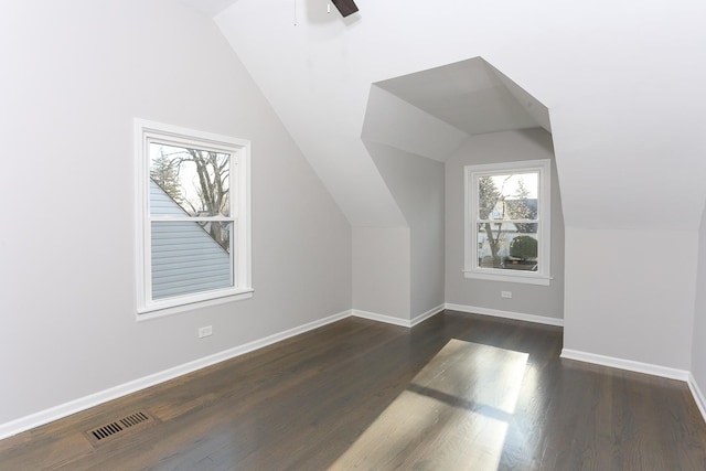 additional living space with dark hardwood / wood-style floors, ceiling fan, and lofted ceiling