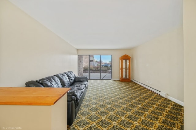 living room featuring carpet flooring and baseboard heating