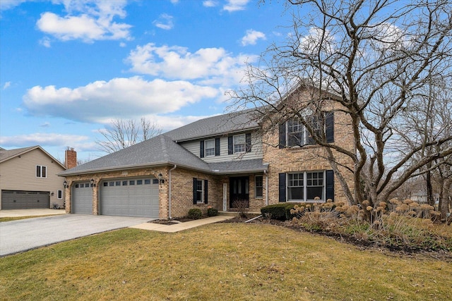 traditional home featuring a garage, concrete driveway, roof with shingles, a front lawn, and brick siding