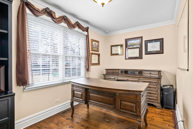 home office with ornamental molding, dark wood-style flooring, and baseboards