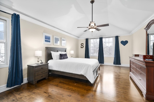 bedroom featuring dark wood-style floors, multiple windows, and crown molding