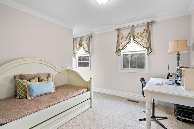 bedroom with carpet floors, multiple windows, ornamental molding, and baseboards