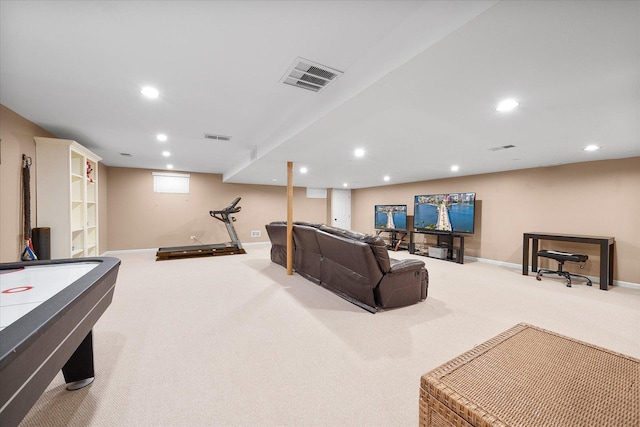 recreation room featuring baseboards, visible vents, carpet flooring, and recessed lighting