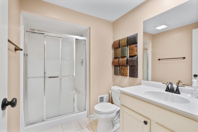 bathroom with toilet, a stall shower, tile patterned flooring, and visible vents