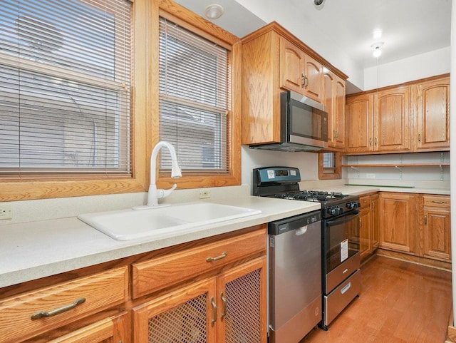 kitchen with appliances with stainless steel finishes, light hardwood / wood-style flooring, and sink