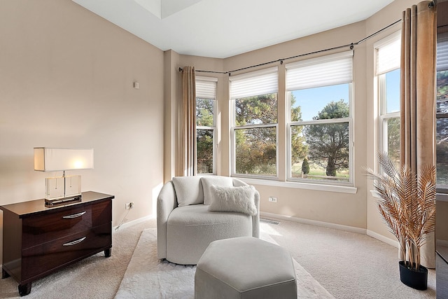 sitting room featuring light colored carpet