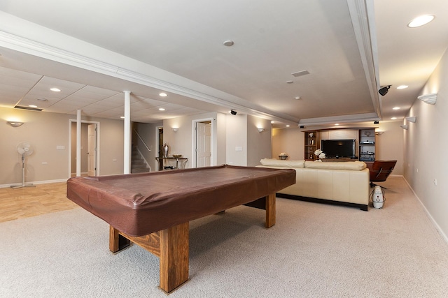 rec room with light colored carpet and pool table