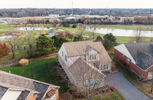 drone / aerial view featuring a water view