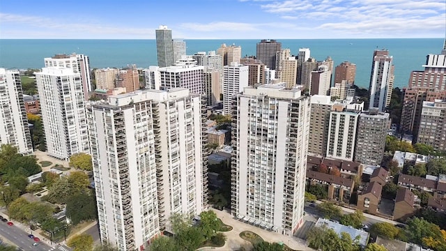 drone / aerial view with a water view