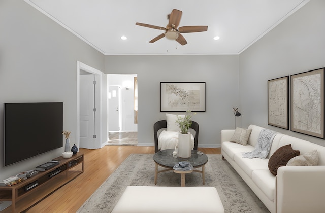 living room with crown molding, ceiling fan, and light wood-type flooring