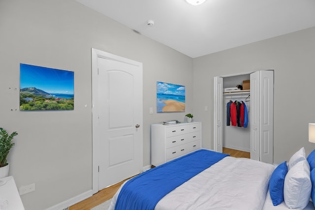 bedroom featuring light hardwood / wood-style floors and a closet