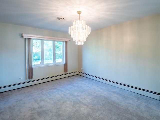 carpeted spare room with a notable chandelier and a baseboard radiator