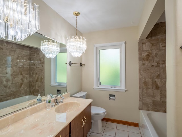 bathroom featuring toilet, vanity, tile patterned floors, and a notable chandelier