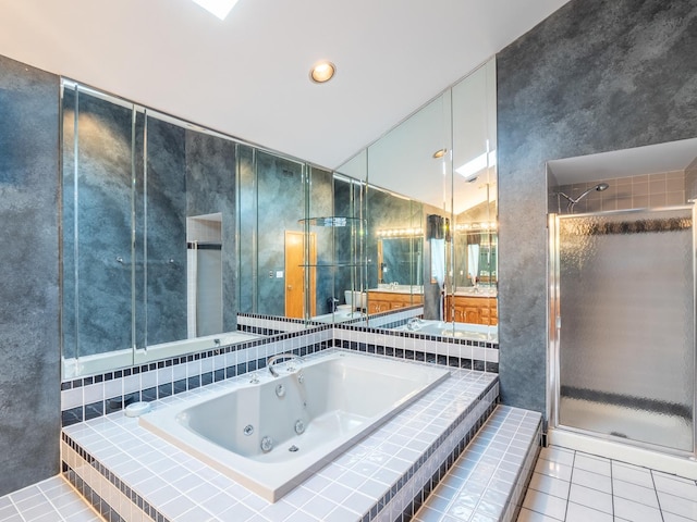 bathroom with separate shower and tub, tile patterned flooring, and vaulted ceiling