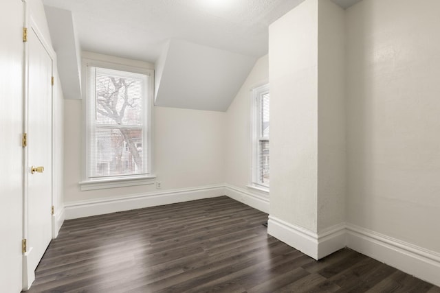 additional living space featuring lofted ceiling, dark hardwood / wood-style floors, and a healthy amount of sunlight