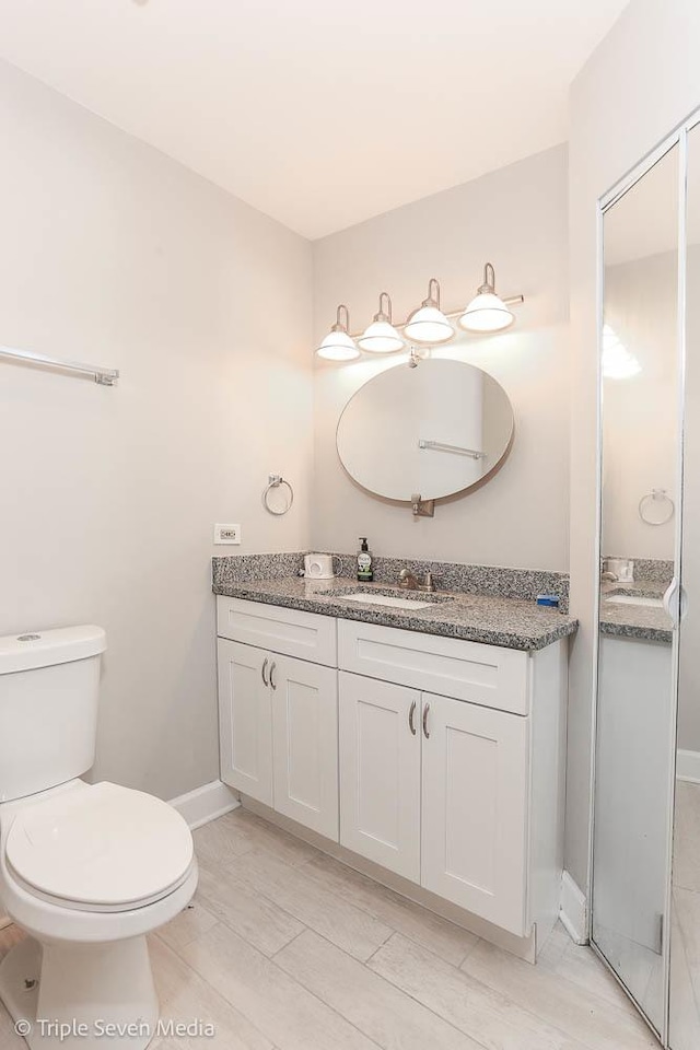 bathroom featuring hardwood / wood-style floors, vanity, and toilet