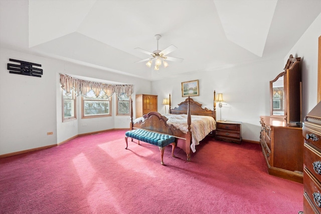 carpeted bedroom featuring vaulted ceiling and ceiling fan