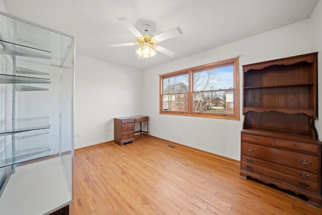 bedroom featuring ceiling fan and light wood-type flooring