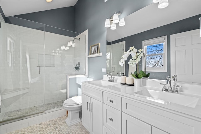 bathroom featuring tile patterned flooring, a shower with door, vanity, toilet, and vaulted ceiling