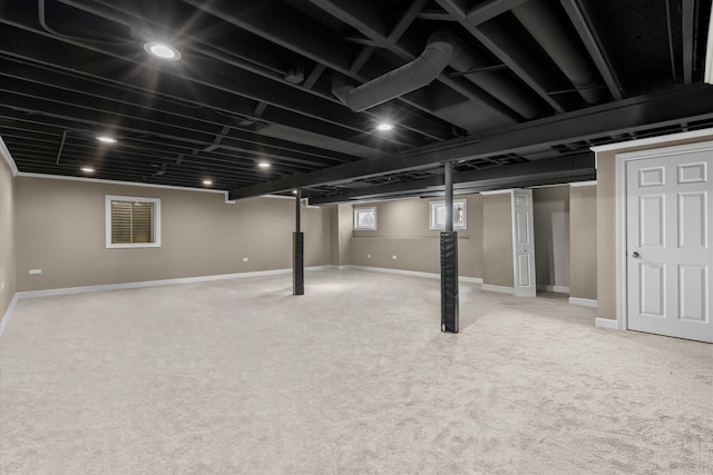 basement with carpet flooring