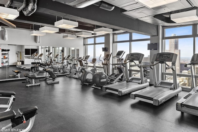 exercise room featuring a high ceiling and expansive windows