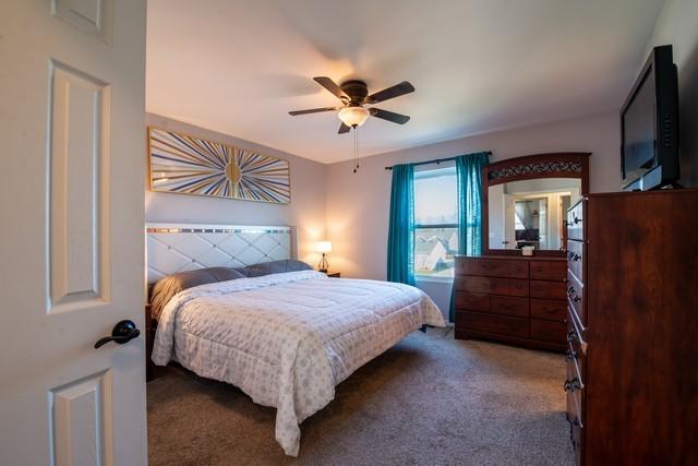 carpeted bedroom with ceiling fan