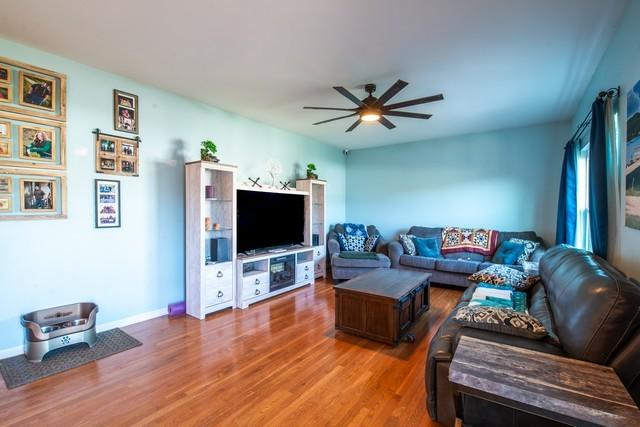 living room featuring ceiling fan and wood-type flooring