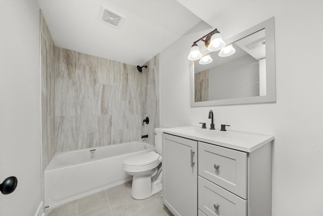 full bathroom with vanity, tiled shower / bath combo, tile patterned floors, and toilet