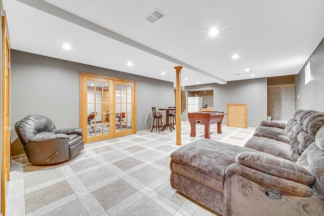 living room featuring french doors and pool table