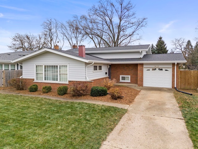 single story home featuring a garage, brick siding, and fence